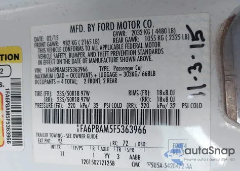 2015 Ford Mustang V6 z USA, uszkodzony, nr VIN 1FA6P8AM5F5363966